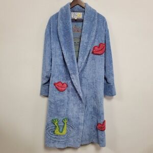 Canyon Group Womens Chenille Frog Bathrobe Size S Blue Lips Lounge Artsy Unique